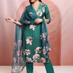 Vishudh Green Floral Printed Thread Work Straight Kurta With Trousers & Dupatta-picture-10