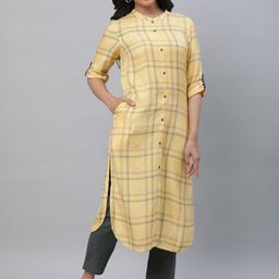AURELIA Checked Band Collar Regular Kurta With Trousers-picture-12