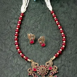 ADIVA Gold-Plated Stone-Studded & Beaded Necklace With Earrings-picture-36
