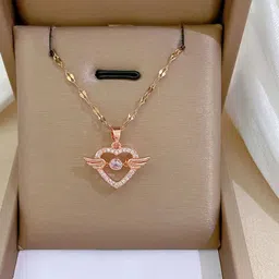 Fashion Frill Rose Gold-Plated Stone-Studded Stainless Steel Feather Heart Pendant Chain-picture-17