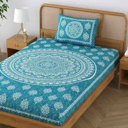 SheetKart Sea Green & White Ethnic Motifs 120 TC Single Bedsheet With 1 Pillow Cover image 2