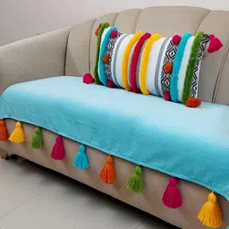 THROWPILLOW Turquoise Blue & Green Anti Slip Tassels 4 Seater Sofa Cover-image-44