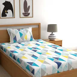 Dreamscape Blue & White Pure Cotton Geometric 140 TC Single Bedsheet with 1 Pillow Covers-image-64