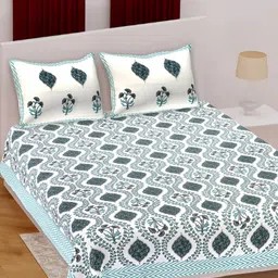 Texstylers White & Blue Floral Printed Cotton 186 TC Queen Bedsheet With 2 Pillow Covers-image-61