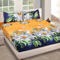 ROMEE Yellow & Blue Floral Printed 144 TC Queen Bedsheet with 2 Pillow Covers-picture-24