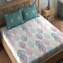 Srijee Decors White & Purple Floral 210 TC Fitted King Bedsheet With 2 Pillow Covers-image-10