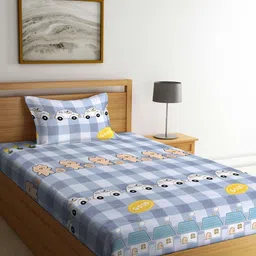 KLOTTHE Blue & White Printed Cotton 300TC Fitted Single Bedsheet With Pillow Cover-picture-19