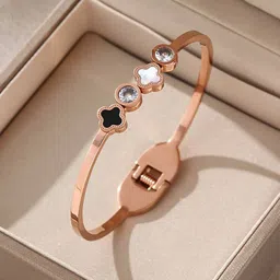 Jewels Galaxy Women Rose Gold Plated Leaf Clover Stainless Steel Bangle-Style Bracelet-picture-16