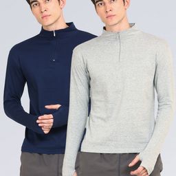 appulse Men Navy Blue & Grey Pack Of 2 High Neck Slim Fit Cotton One-Fourth Zipper & Thumbopen T-shirt-picture-31