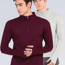 appulse Men Pack of 2 Maroon & Grey Solid High Neck Thumbopen Slim Fit T-shirts-picture-57