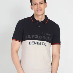 u.s. polo assn. denim co. U S Polo Assn Denim Co Men Navy Blue & Grey Melange Colourblocked Polo Collar Pure Cotton Slim Fit T-shirt-picture-38