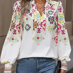 KPOP White & Red Ethnic Motifs Printed Mandarin Collar Bishop Sleeves Top-picture-32