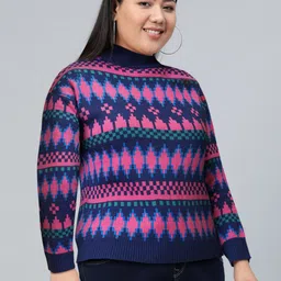 Tokyo Talkies Navy Blue Geometric Printed Turtle Neck Acrylic Pullover Sweater image 4
