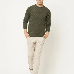 Crimsoune Club Men Army Green Self Design Cable Knit Pullover-picture-18