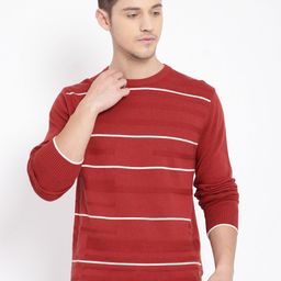 t-base Men Rust & White Striped Cotton Pullover Sweater-picture-8