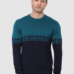 Celio Men Navy Blue & Blue Colourblocked Cotton Pullover-picture-37