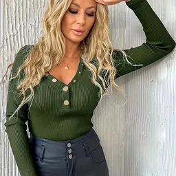 StyleCast Green Ribbed V-Neck Pullover-image-64