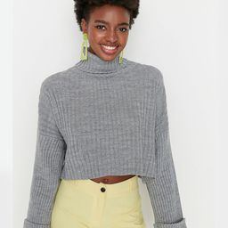 Trendyol Women Grey Ribbed Cotton Crop Pullover-picture-24