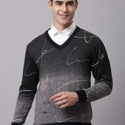 Cantabil Men Grey & Black Graphic Printed V-Neck Pullover-picture-24