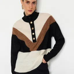 Trendyol Colourblocked Half Placket Turtle Neck Pullover Sweater-picture-11