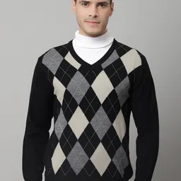 Cantabil Men Black & Grey Argyle Printed Wool Pullover-picture-26