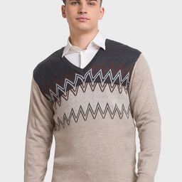 ColorPlus Men Plus Size Beige & Grey Striped Pullover-picture-10