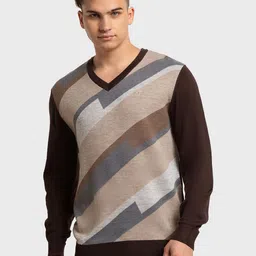 ColorPlus Men Plus Size Brown & Grey Striped Pullover-image-70