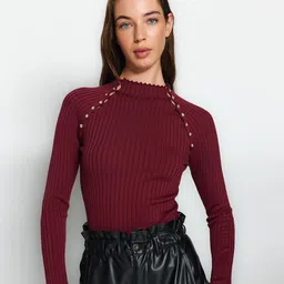 Trendyol Ribbed Mock Collar Long Sleeves Button Detail Pullover Sweaters-picture-32