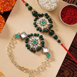 KARATCART Set of 2 Gold-Plated Kundan-Studded Bhaiya Bhabhi Rakhis With Roli Chawal-picture-57