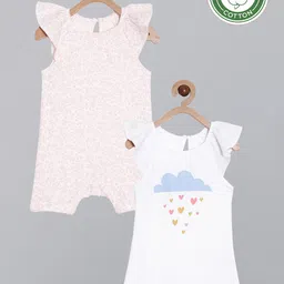 Broon Infant Girls Pack of 2 Pink and White Printed Pure Organic Cotton Rompers-picture-16