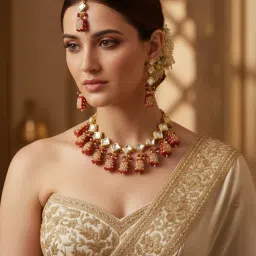 LUCKY JEWELLERY 18k Gold Plating Maroon Kundan Necklace with Pair of Earrings and Mang Tikka-picture-33