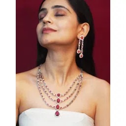 Niscka Triple Layered Red and White American Diamond Necklace and Earrings image 1