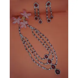 Niscka Triple Layered Red and White American Diamond Necklace and Earrings image 3