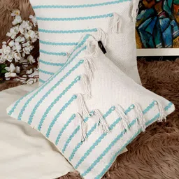 HOSTA HOMES Blue & Off White 2 Pieces Geometric Cotton Square Cushion Covers-picture-26