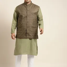 SOJANYA PLUS Men Plus Size Green Solid Kurta & Churidar Comes With a Nehru Jacket-picture-30