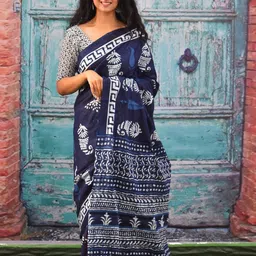clothonus Pure Cotton Block Print Ikat Saree-image-58