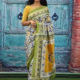 clothonus Pure Cotton Floral Block Print Ikat Saree-image-62