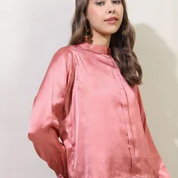 Tokyo Talkies Pink Solid High Neck Satin Top-image-91