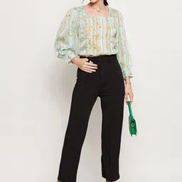 Ruhaans Floral Print Puff Sleeve Satin Top-picture-11