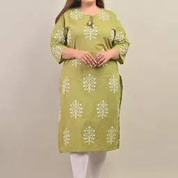 KALINI Plus Size Floral Printed Keyhole Neck Cotton Straight Kurta-picture-35
