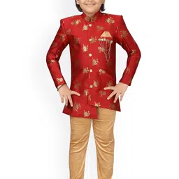 Aj DEZInES Boys Red & Gold-Coloured Asymmetric Brocade Sherwani Set-picture-40