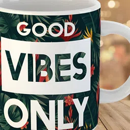 Keviv White & Green Good Vibes Only Printed Ceramic Glossy Coffee Mug 325 ml-image-4