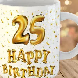 Keviv White & Gold toned 25th Happy Birthday Printed Ceramic Glossy Coffee Mug 325 ml-picture-18