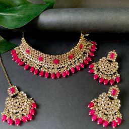 I Jewels Gold-Plated Kundan Stones Studded & Beaded Necklace & Earrings With Maang Tika-picture-42
