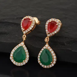 Carlton London Green & Red Gold-Plated Stone Studded Teardrop Shaped Drop Earrings-picture-16