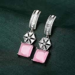 ZENEME Rhodium-Plated American Diamond Studded Drop Earrings-picture-12