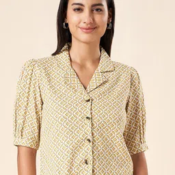 AKKRITI BY PANTALOONS Mustard Yellow Geometric Print Cotton Shirt Style Top-picture-29