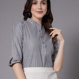 Style Quotient Grey Vertical Striped Mandarin Collar Shirt Style Top-picture-49