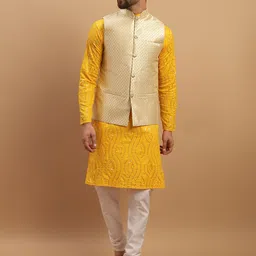 SOJANYA Embroidered Sequinned Pure Cotton Kurta with Churidar & Woven Design Nehru Jacket-picture-41