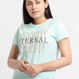 Status Quo Women Sea Green Typography Printed Cotton T-shirt-image-96